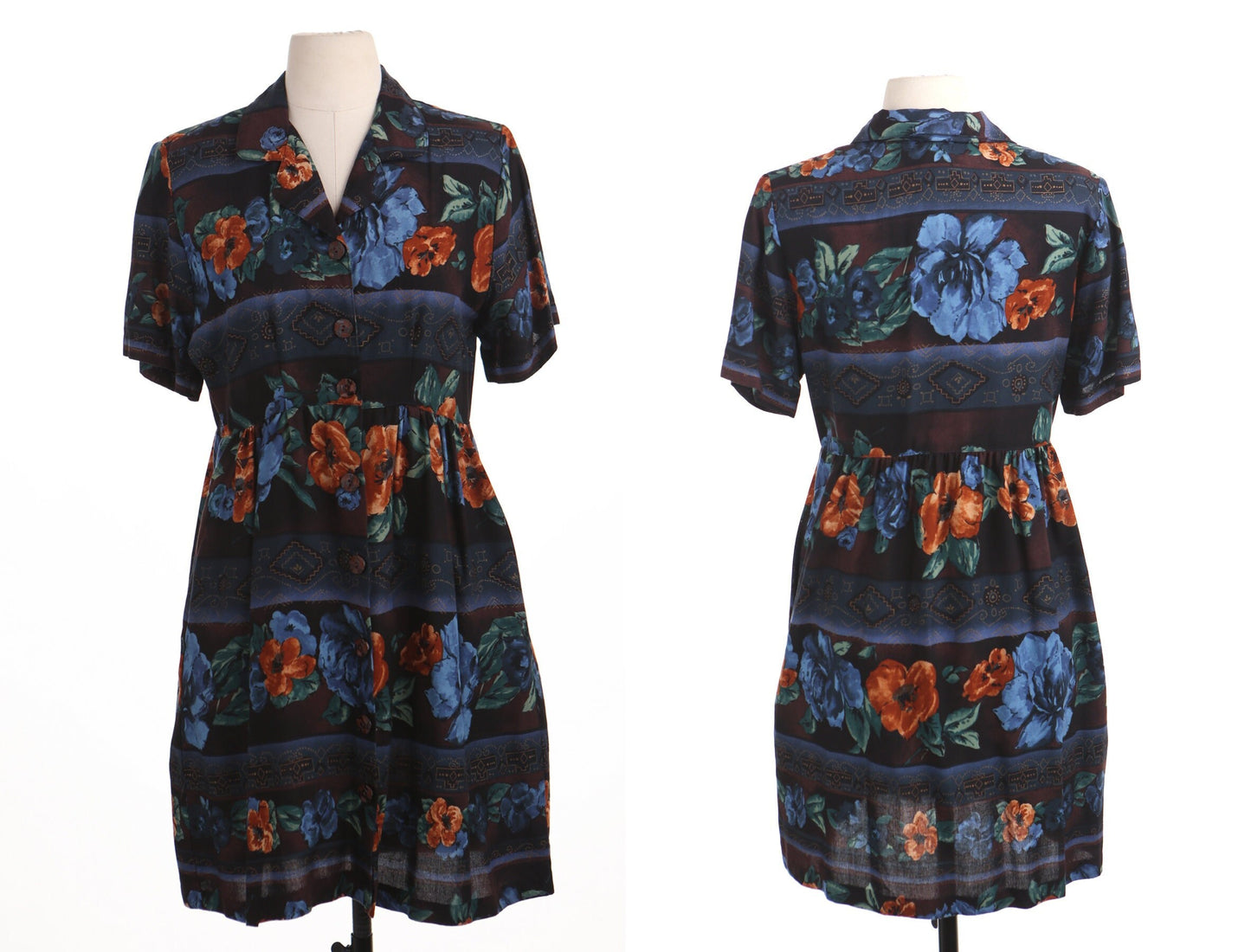 Vintage dress women casual summer black blue floral print button clousure rayon