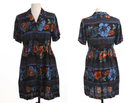 Vintage dress women casual summer black blue floral print button clousure rayon