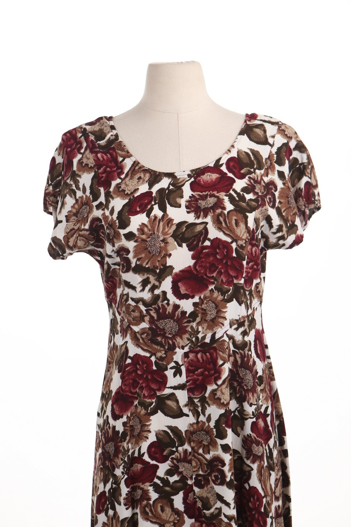 Vintage floral dress women 90's white print long casual red flowers