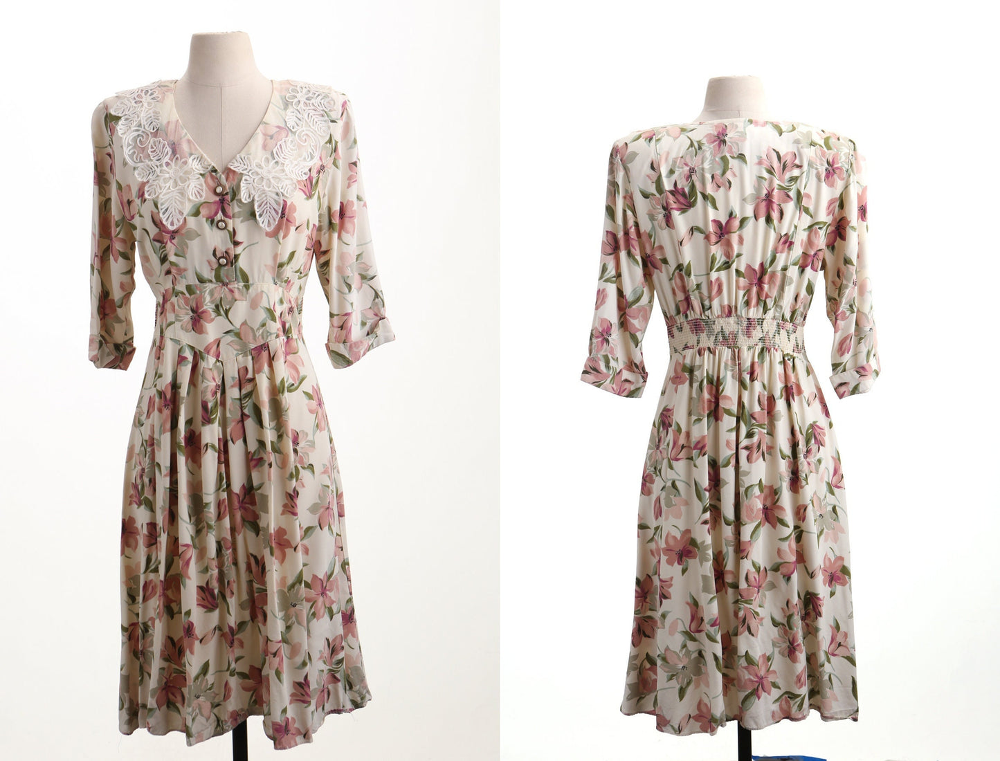 Vintage 90's casual summer dress floral print beige lace women grandma style