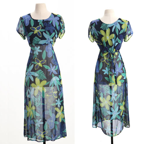 Vintage summer dress women floral plant print green blue long short sleeve