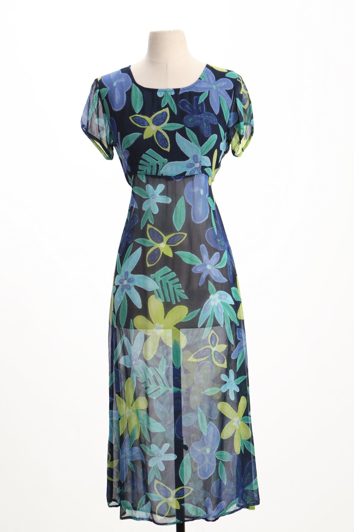 Vintage summer dress women floral plant print green blue long short sleeve