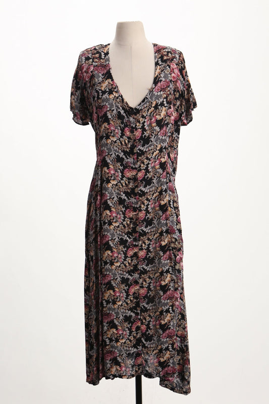Vintage summer floral print rayon long casual dress black button