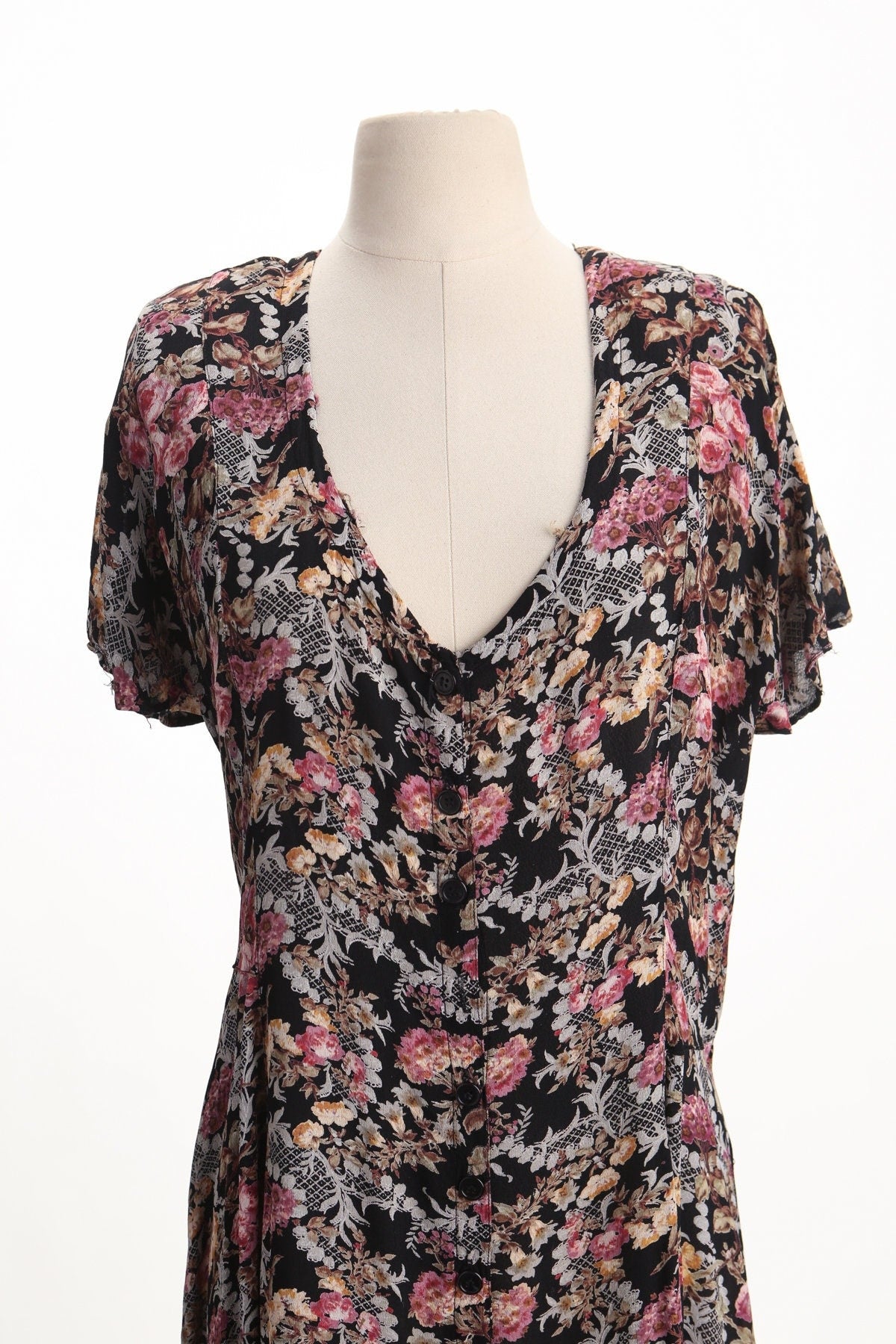 Vintage summer floral print rayon long casual dress black button