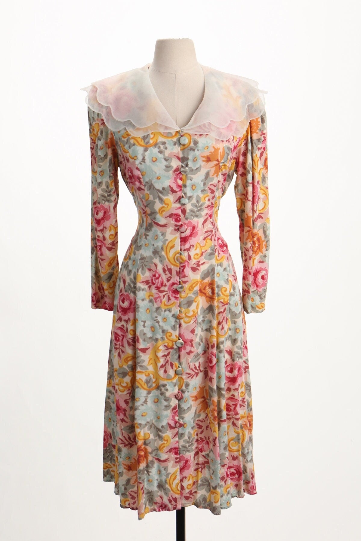 Vintage women floral print rayon summer grandma dress green pink red button back belt