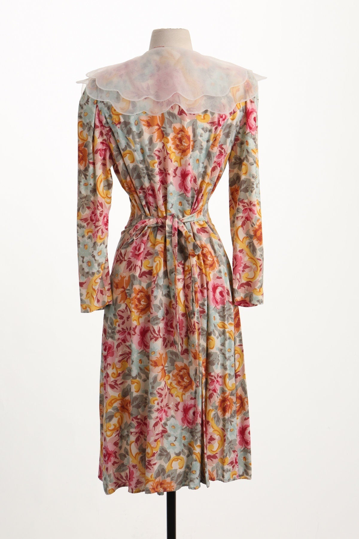 Vintage women floral print rayon summer grandma dress green pink red button back belt