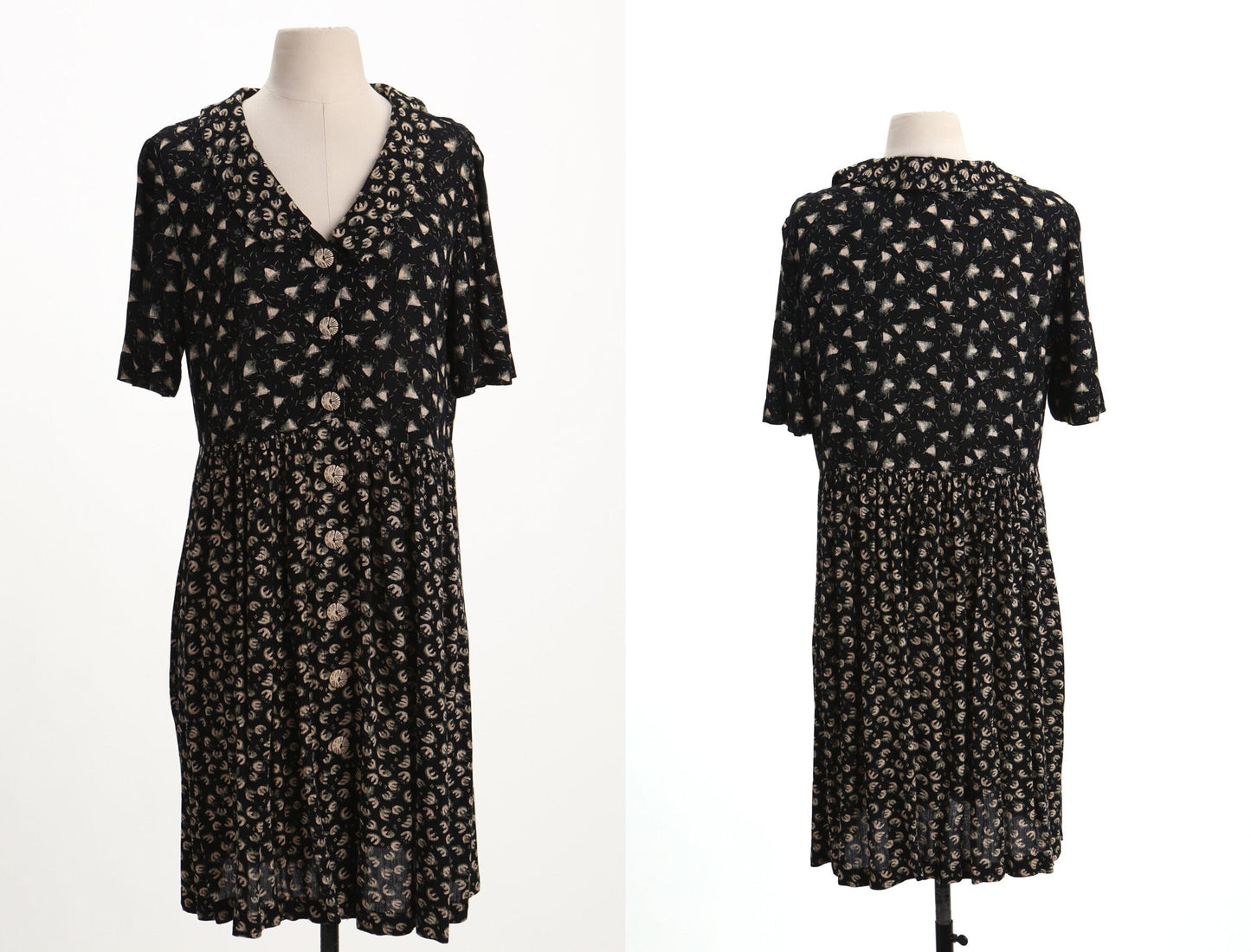 Vintage summer print dress black button 90's clousure rayon