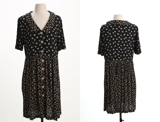 Vintage summer print dress black button 90's clousure rayon