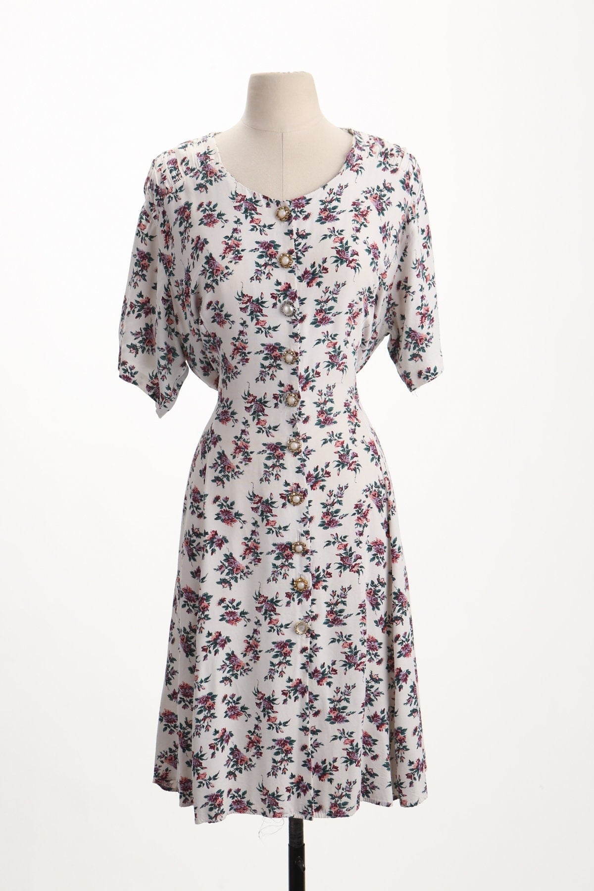 Vintage 90's floral print white summe dress button pearl short sleeve back tie belt