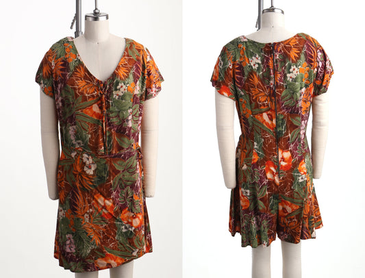 Romper 90's summer dress red floral back zipper v neck