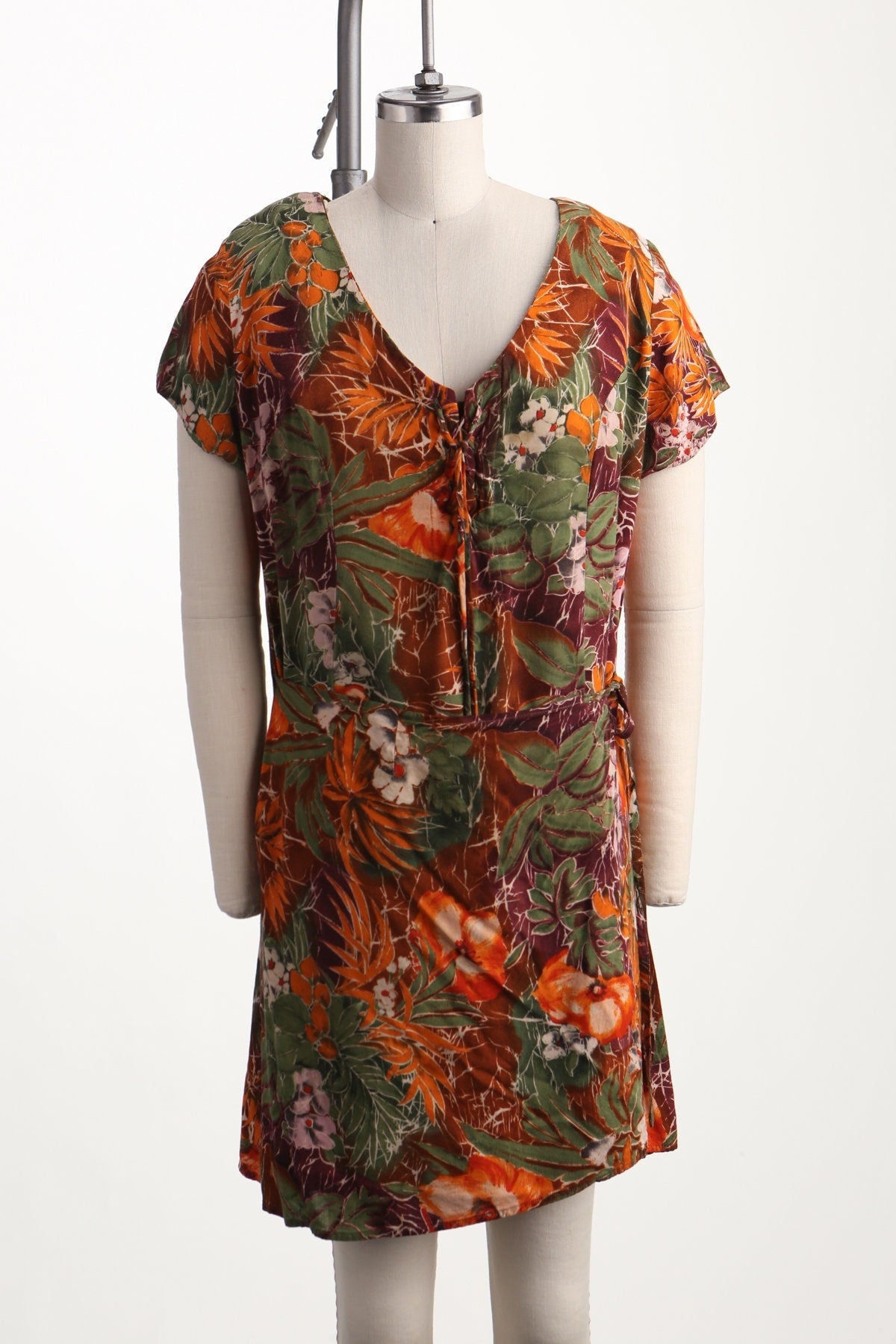 Romper 90's summer dress red floral back zipper v neck