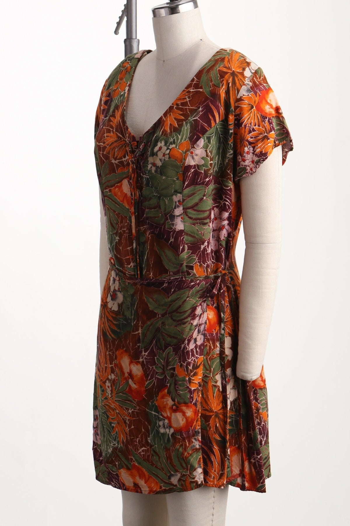 Romper 90's summer dress red floral back zipper v neck