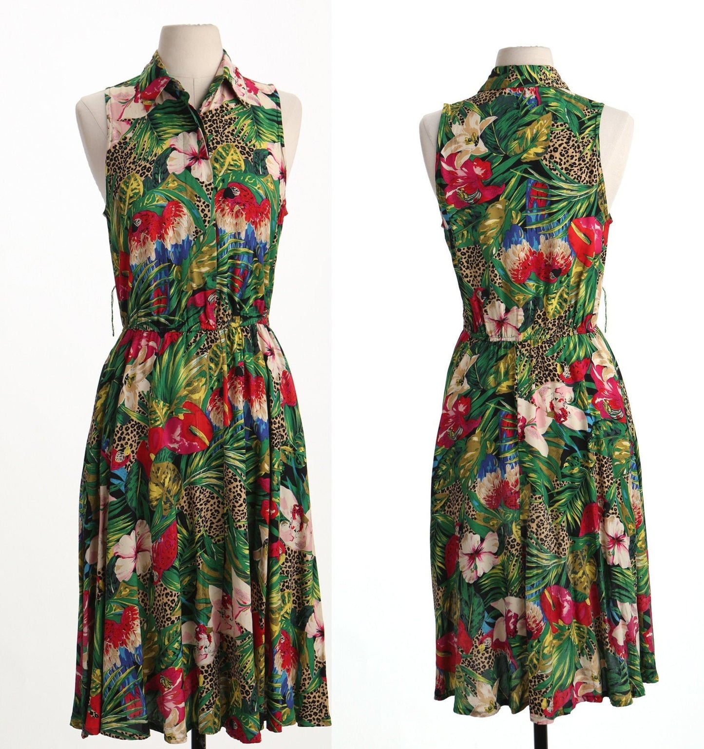 Vintage women 90's summer jungle print bird green cheetah long collared button