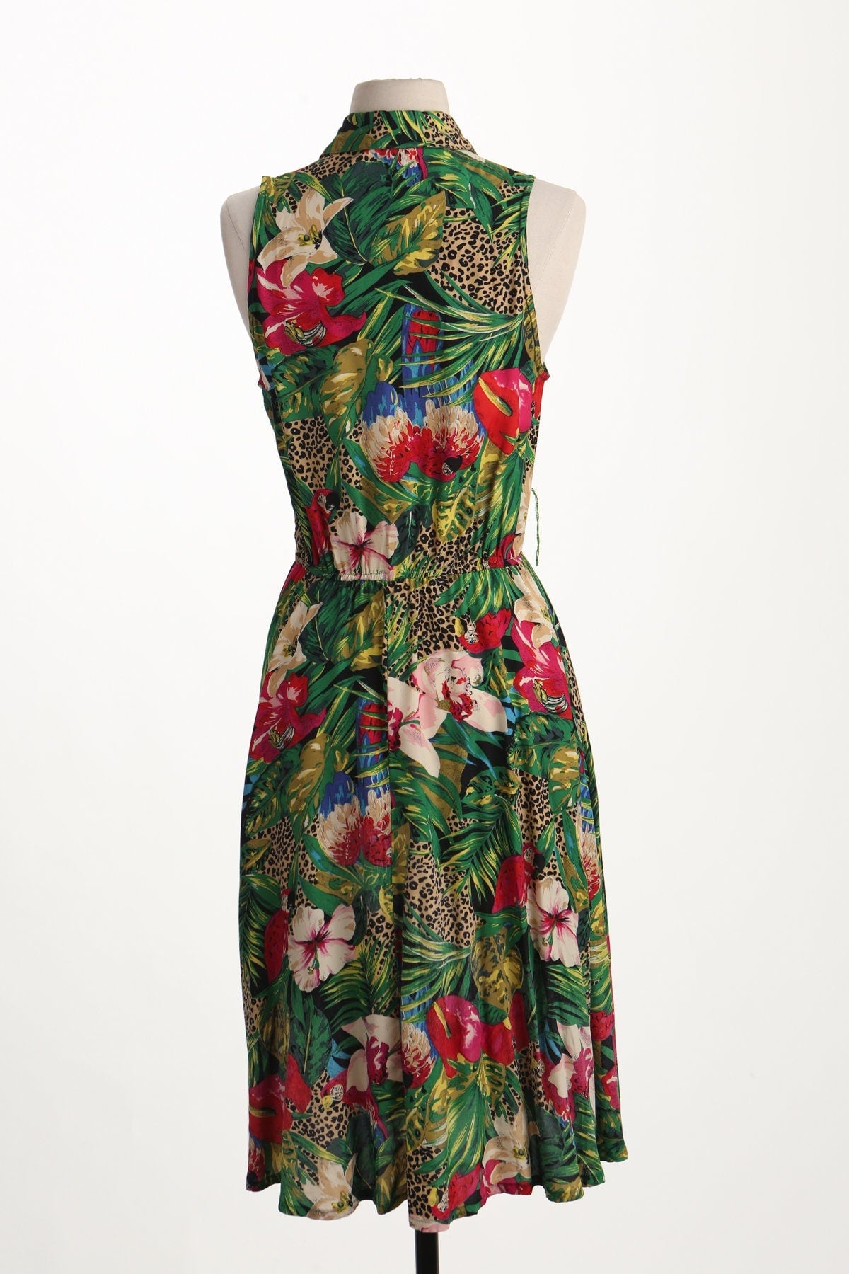 Vintage women 90's summer jungle print bird green cheetah long collared button