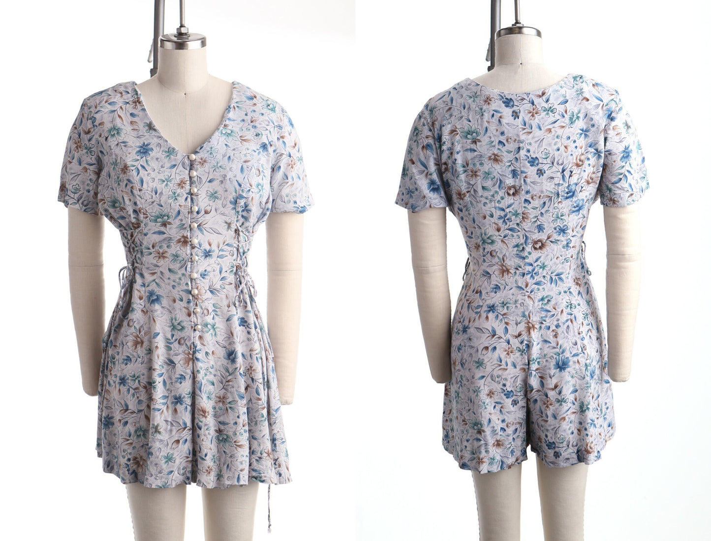 Vintage 90's summer floral dress women romper blue white button strap waist