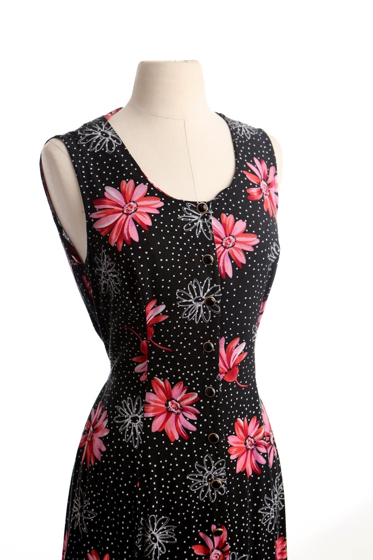 Vintage women 90's black summer y2k long floral pink strap button up