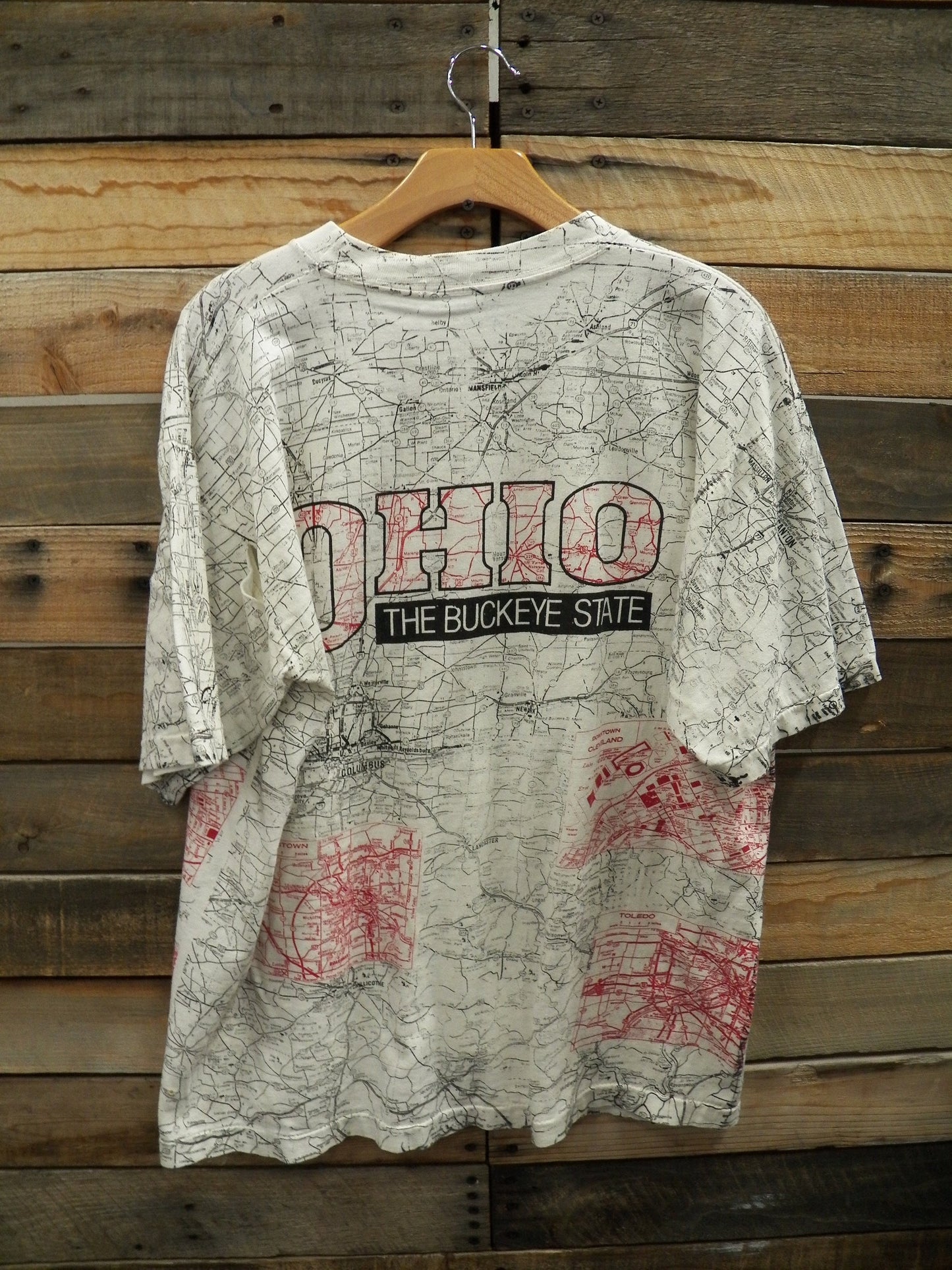 Ohio state graphic t-shirt map the buckeye state vintage white black red road map