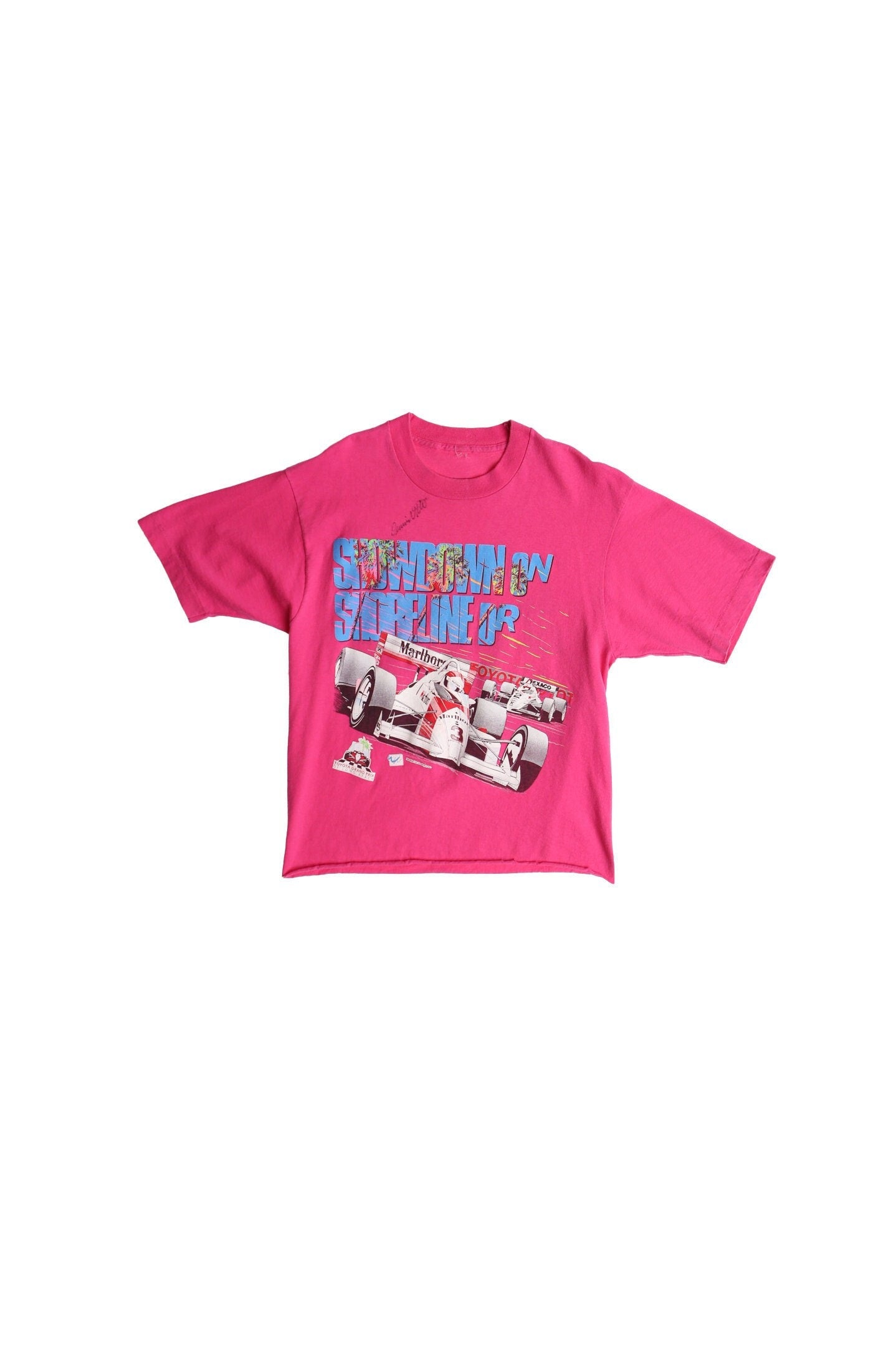 Vintage formula one malboro toyota texaco graphic t-shirt long beach autographed pink shirt racing