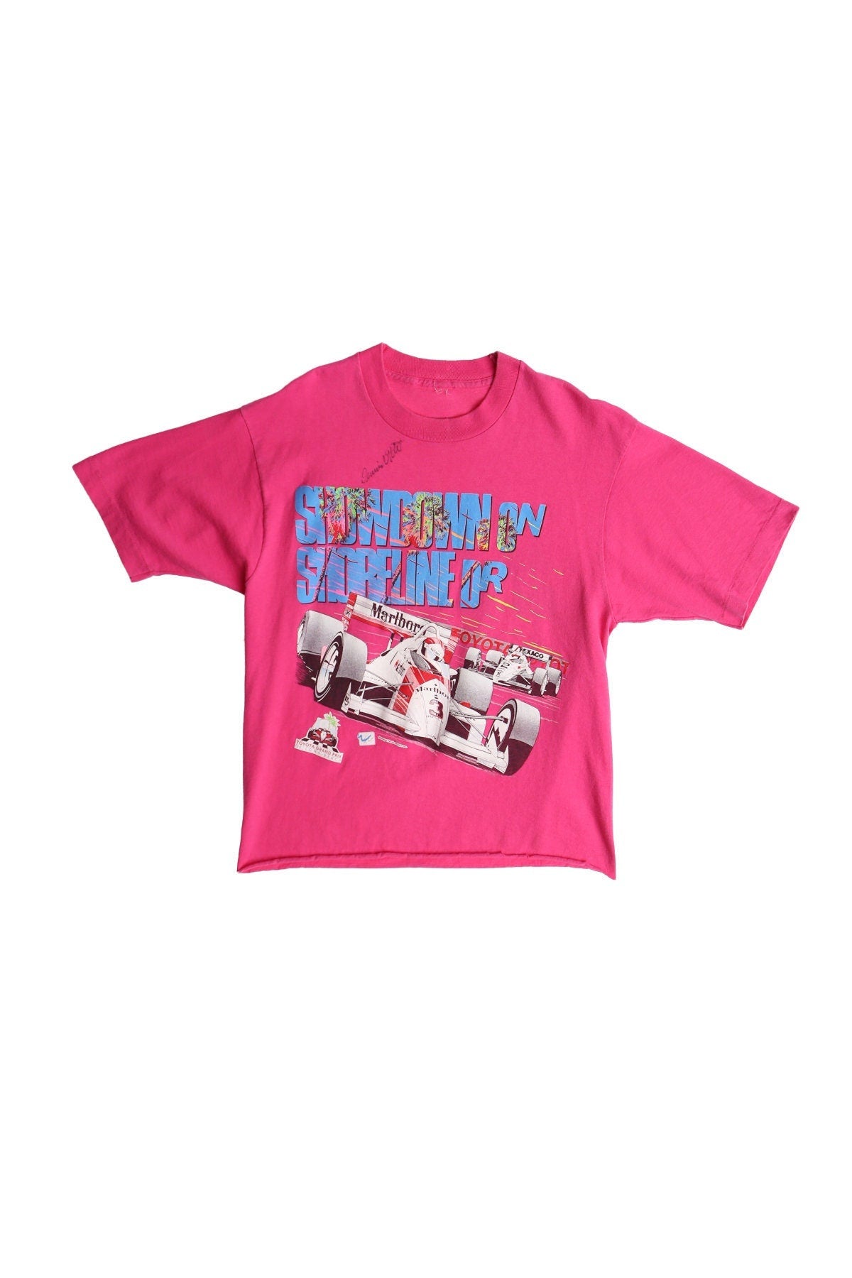 Vintage formula one malboro toyota texaco graphic t-shirt long beach autographed pink shirt racing
