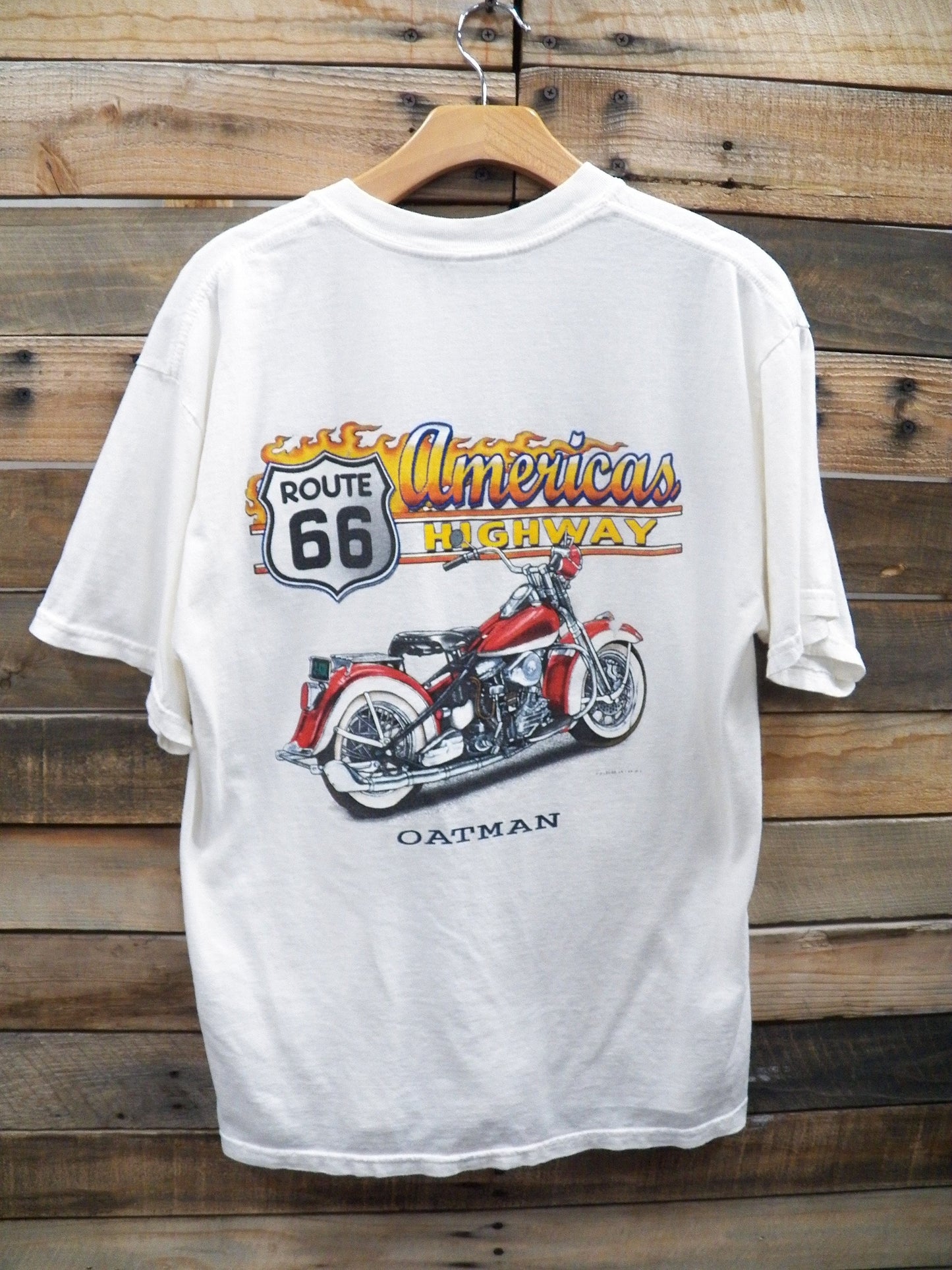 Route 66 vintage motorcycle t-shirt white americas highway oatman red flames