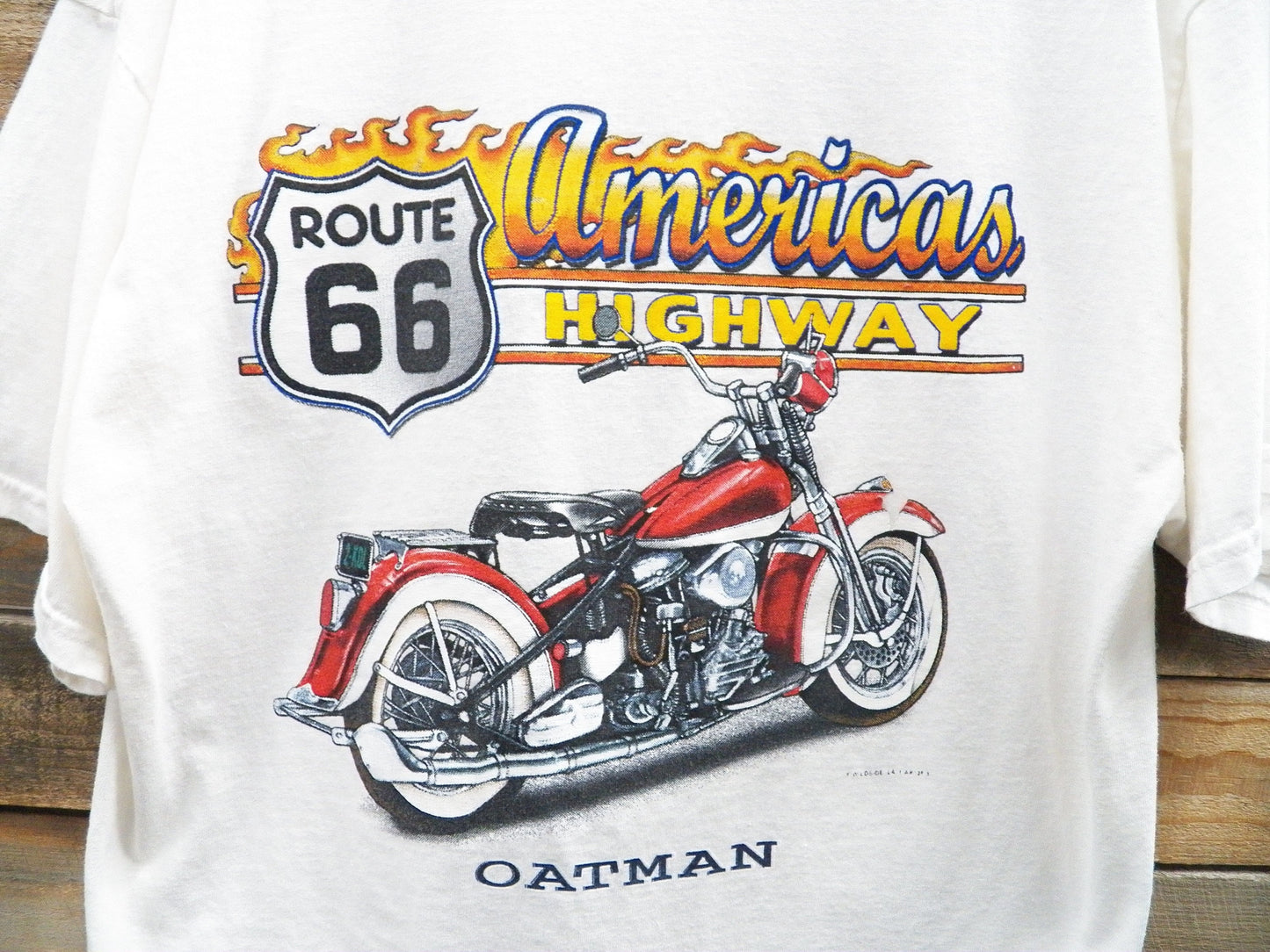 Route 66 vintage motorcycle t-shirt white americas highway oatman red flames