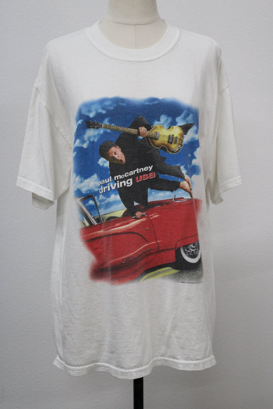 Paul mccartney 2002 tour t-shirt white driving usa concert beatles thunderbird red guitar music