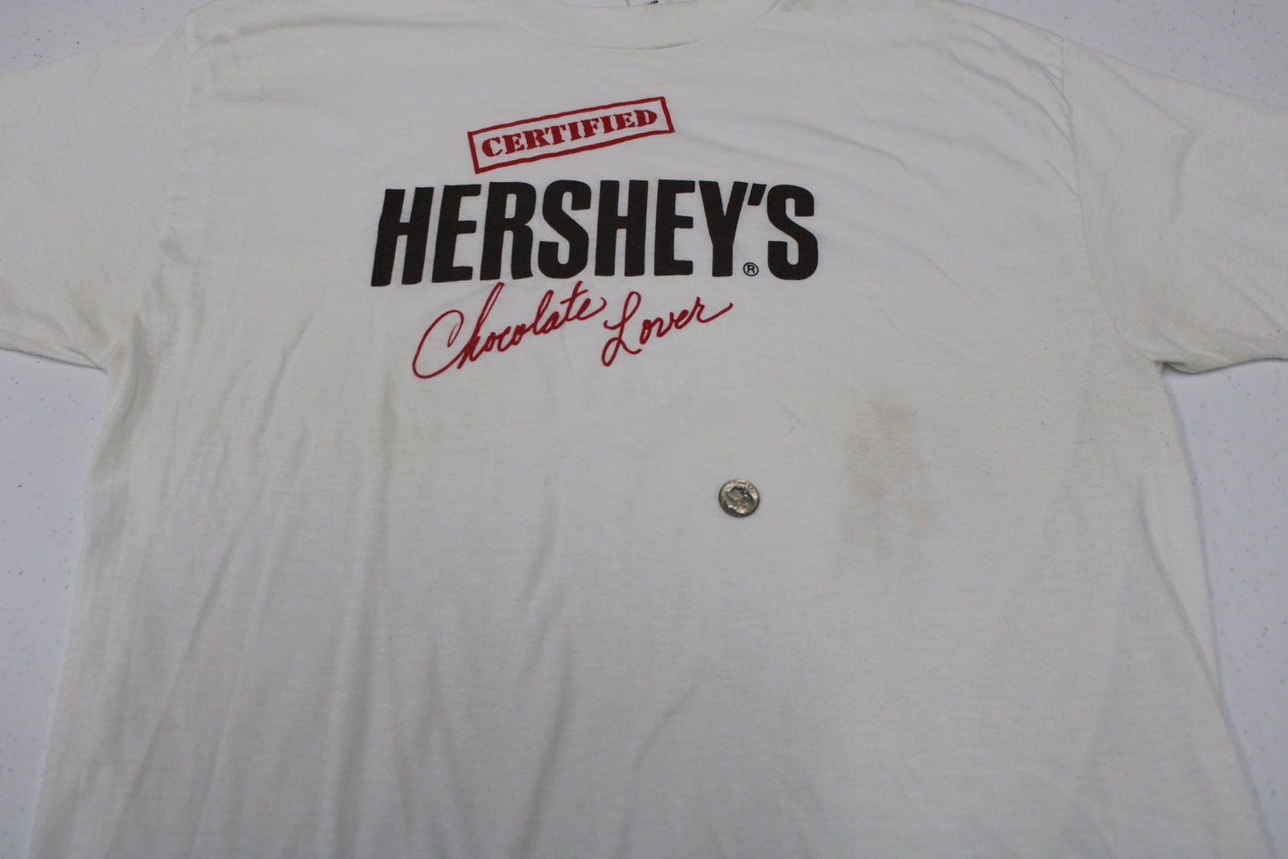 Hershey's vintage white t-shirt chocolate lovers made in usa graphic candy kisses chocolate