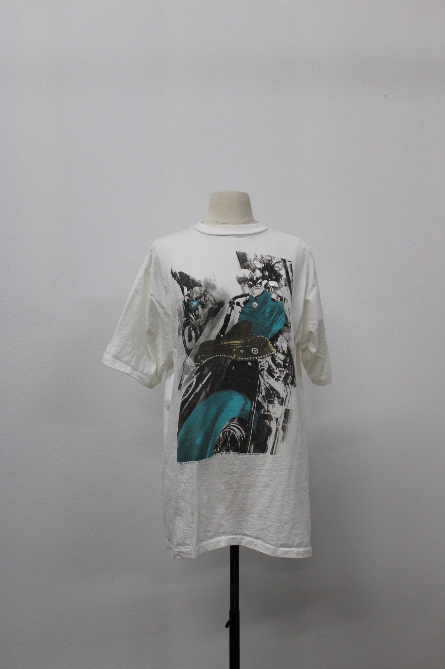 Motorcycles graphic white t-shirt drag racing biker muscle beach biker blues by eva estes