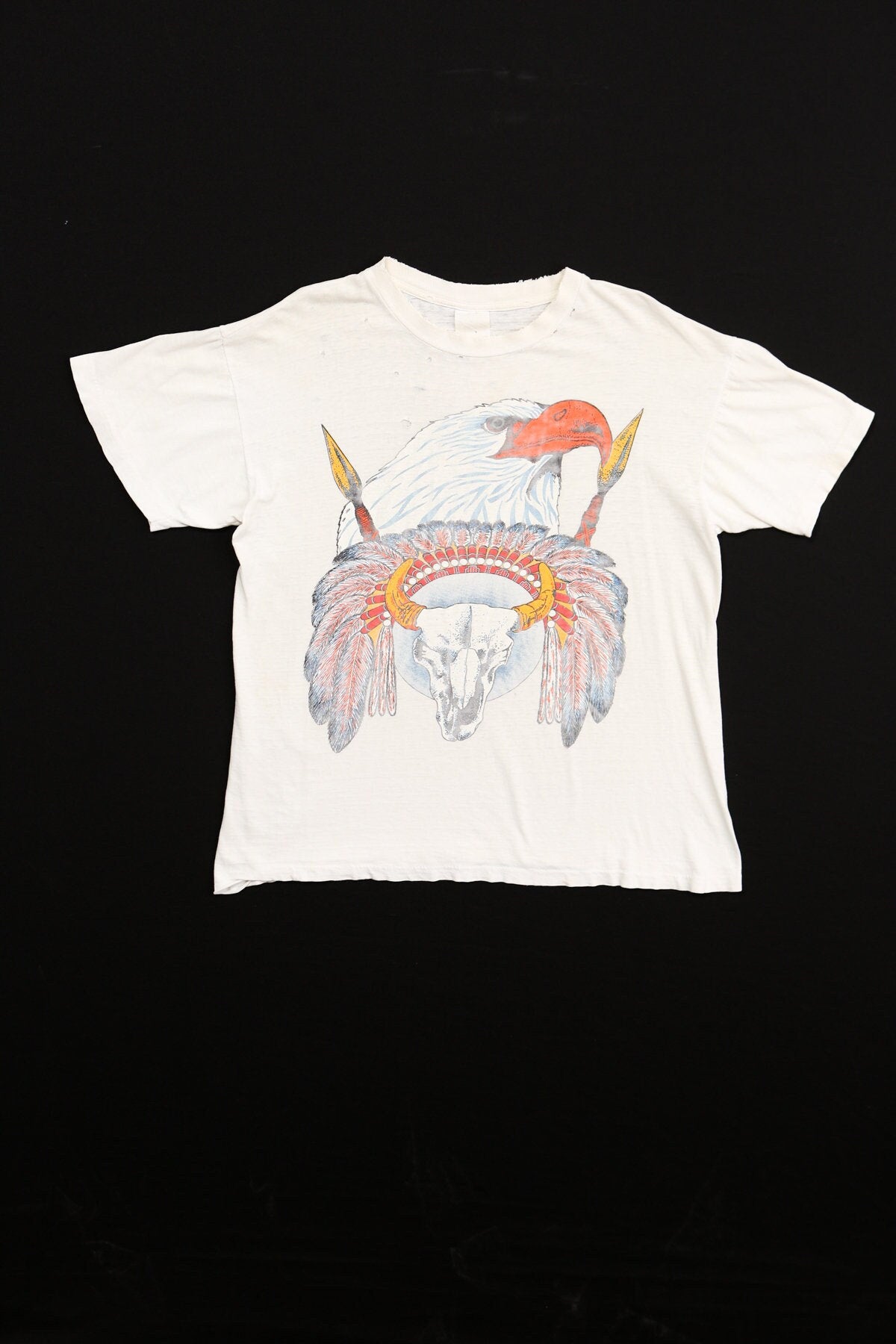 Vintage bald eagle bull skull 70's native american shirt white distressed india tribe