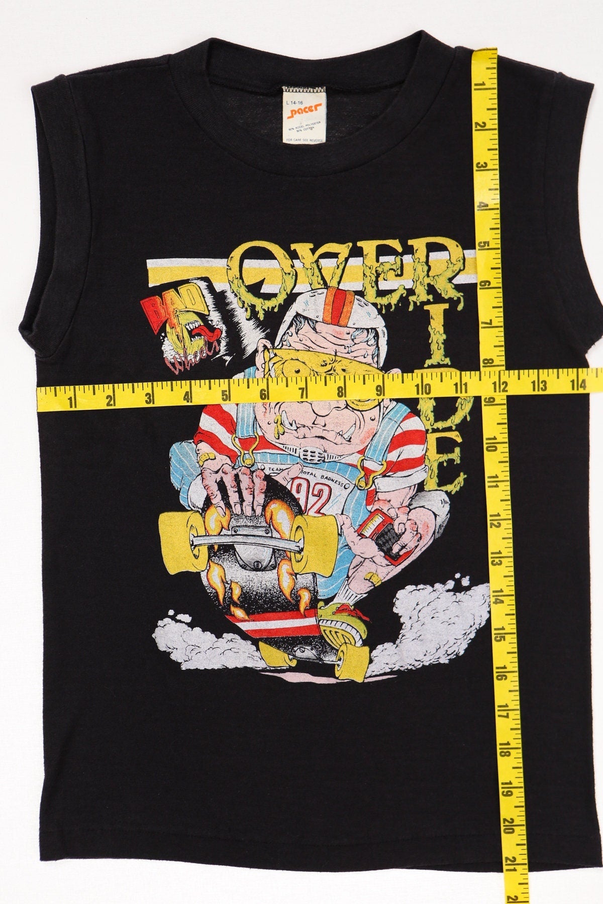 Vintage skater graphic t-shirt sleeveless black over ride bad wheels skateboard 80's