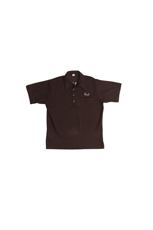 Vintage men brown bowling shirt mr white 70's 80's henley button up short sleeve