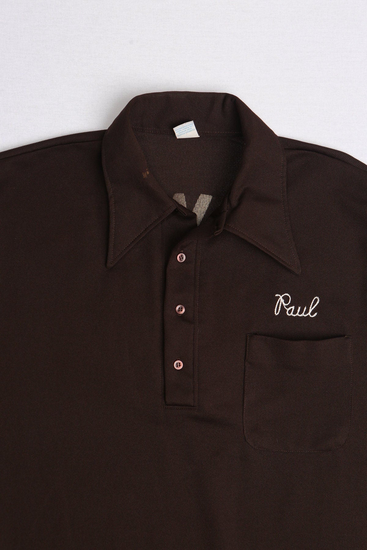 Vintage men brown bowling shirt mr white 70's 80's henley button up short sleeve