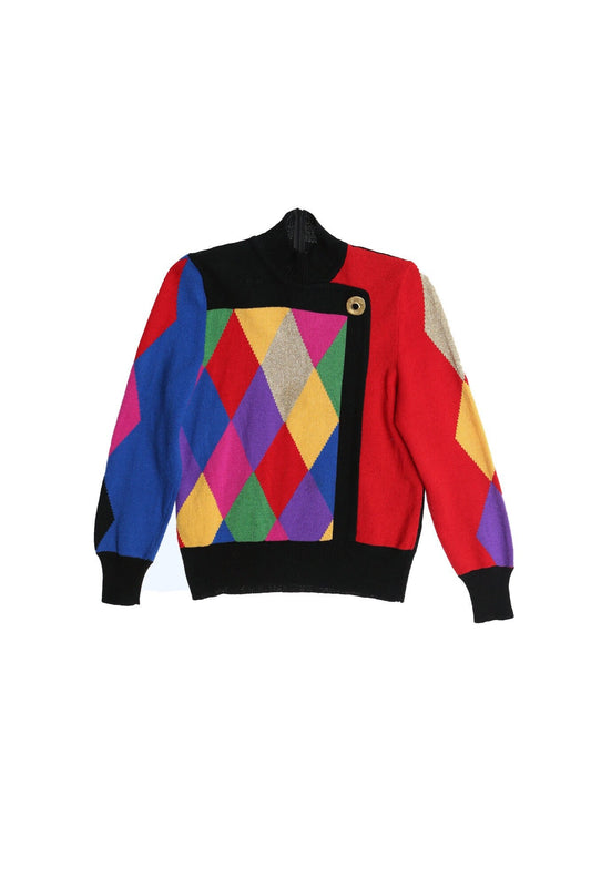 Vintage women 90's casual sweater black 80's side button geometric