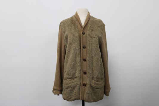 Men vintage cardigan sweater mod faux fur sir knight label made in usa rare button up