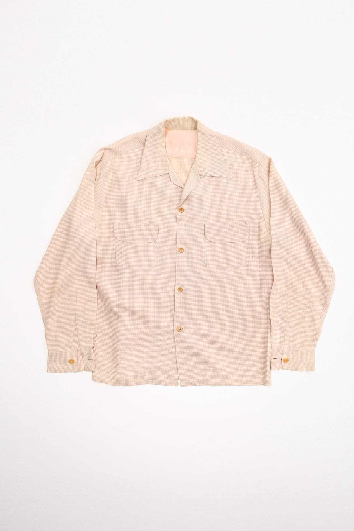 Vintage men 50's 40's casual plaid beige white long sleeve shirt rockabilly