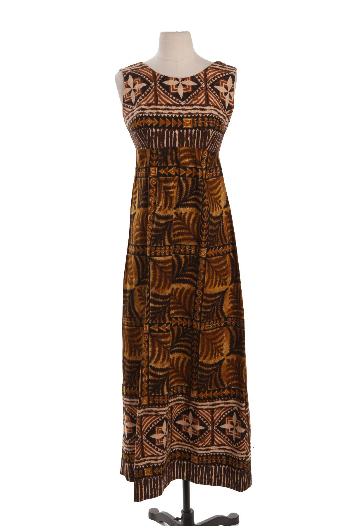 Vintage Hawaiian Dress - Brown Tribal Print - Era 70's - 80's