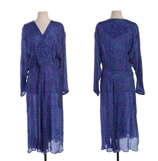 Vintage Purple Dress - Floral Print - Casual - Long Sleeves - Era 80's -90's