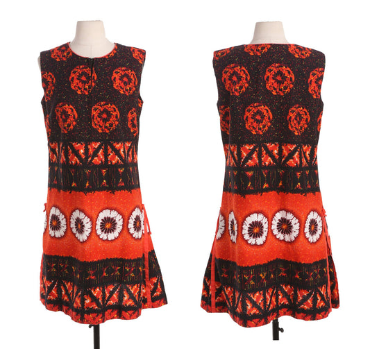 Vintage Hawaiian Dress - Orange Flora Print Details - Era 60's 70's