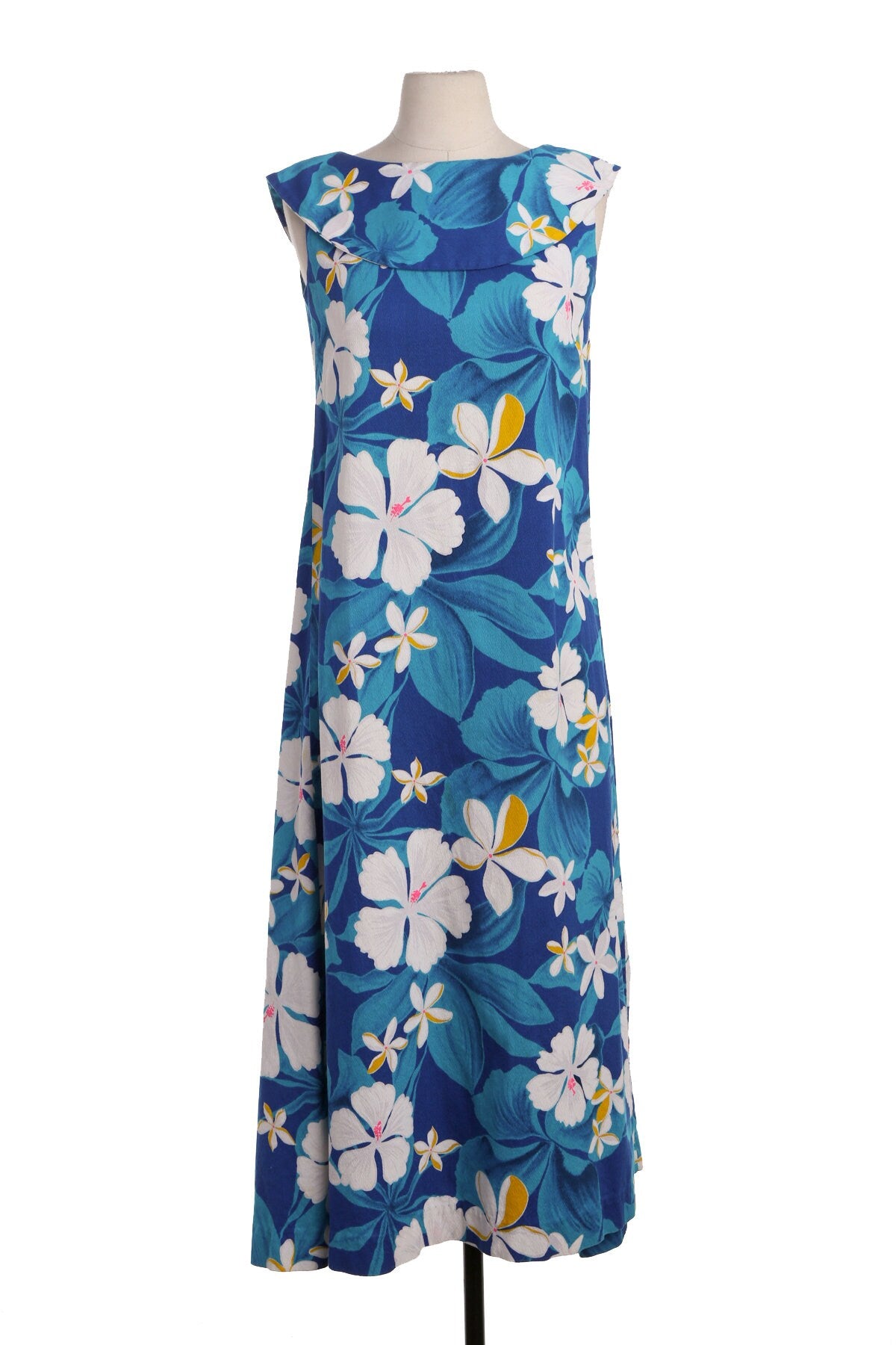 Vintage Blue Long Hawaiian Dress - White Flowers Print - Era 60's -70's