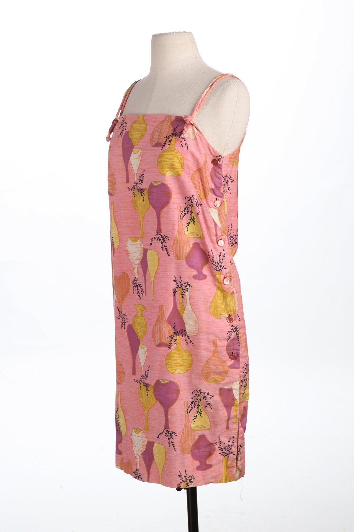 Vintage Pink Summer Dress - Era 60's - 70's - Vases Print