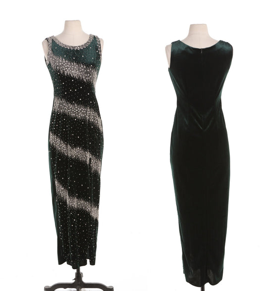Vintage Elegant Green Evening Velvet Sequin Long Dress - Era 90's - Y2K