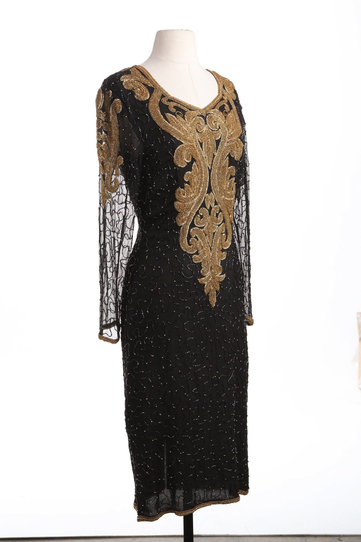Vintage Women Black and Gold Sequin Dress
