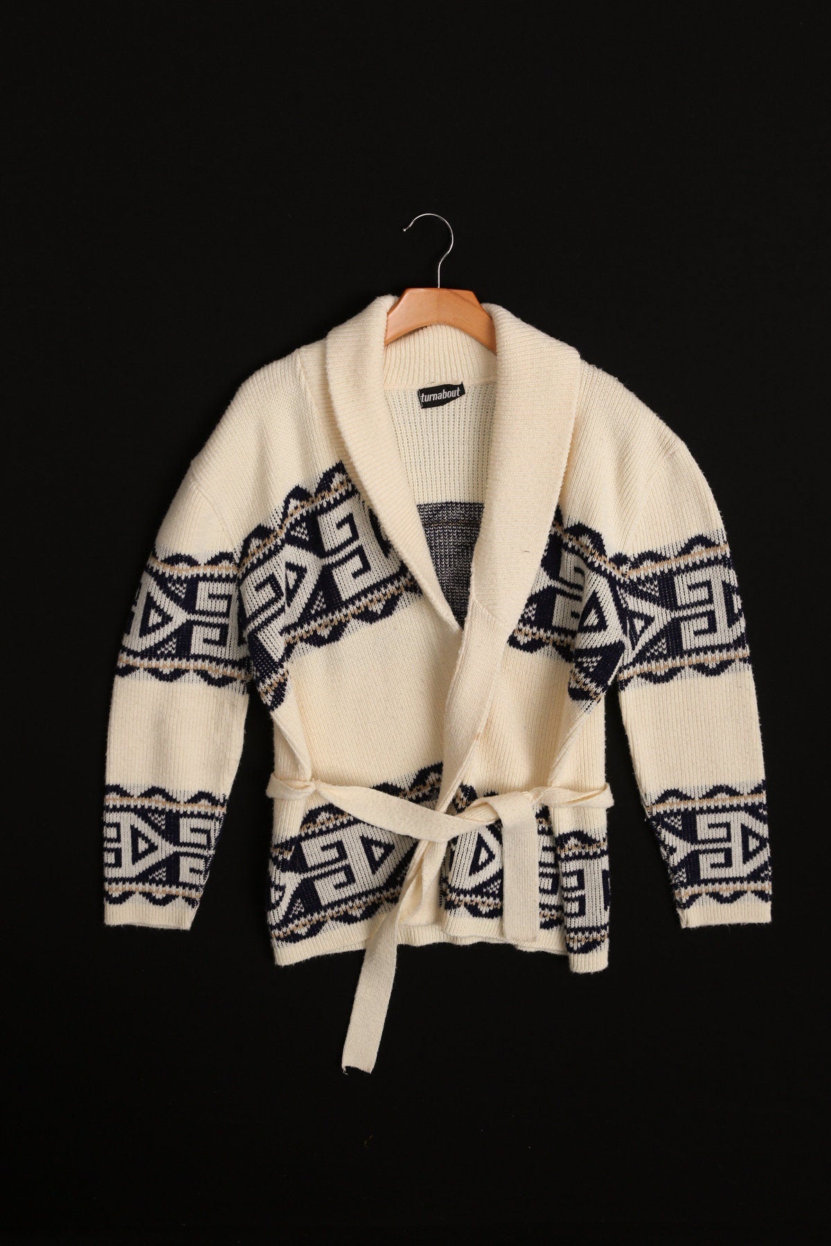 Vintage Men 70's Open Sweater with Waist Belt - Geometric Print