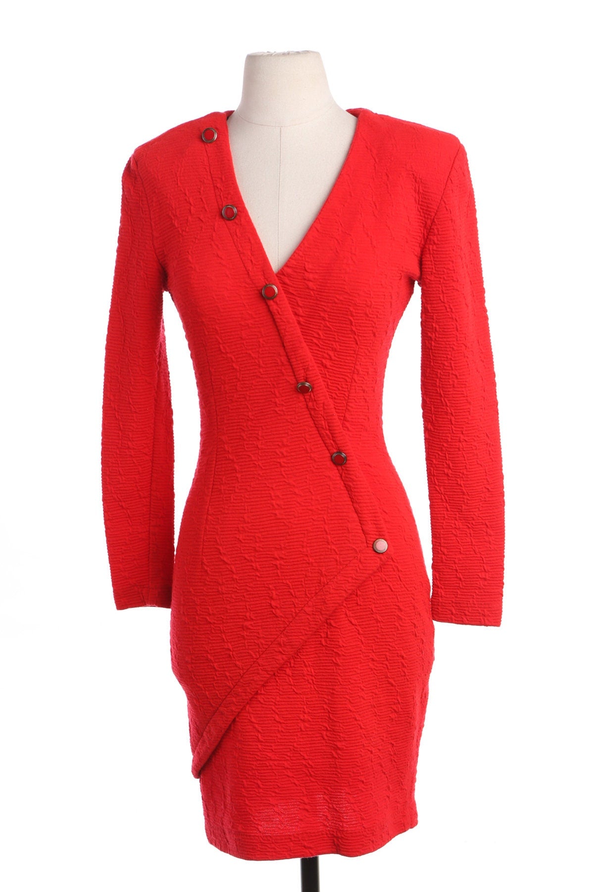 Women 80's Red V Neck Casual Dress with Back Zipper Closure