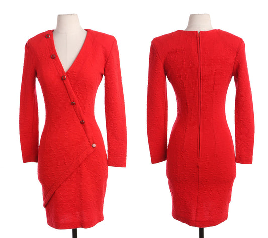 Women 80's Red V Neck Casual Dress with Back Zipper Closure