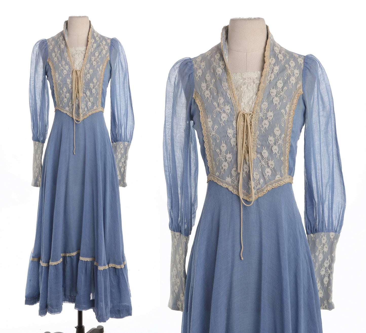 Vintage Prairie Long Floral Lace Blue Dress - Era 60's - 70's