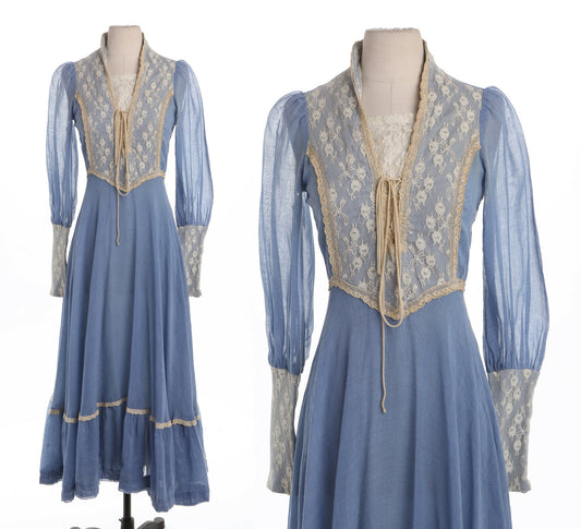 Vintage Prairie Long Floral Lace Blue Dress - Era 60's - 70's