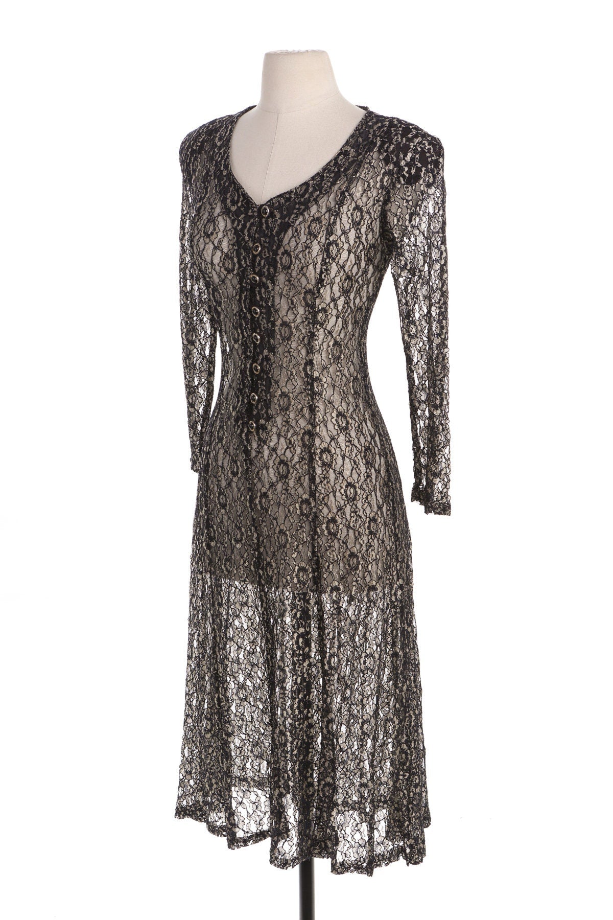 Vintage Woman Black Floral Lace 90's Summer Dress with Back Waist Tie by Timins