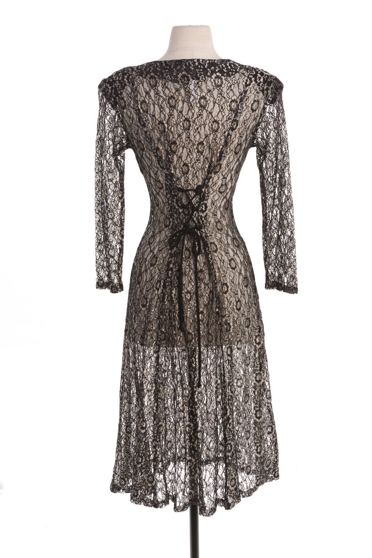 Vintage Woman Black Floral Lace 90's Summer Dress with Back Waist Tie by Timins