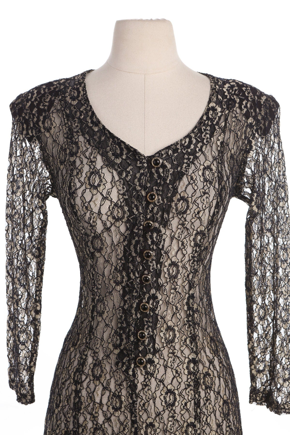 Vintage Woman Black Floral Lace 90's Summer Dress with Back Waist Tie by Timins